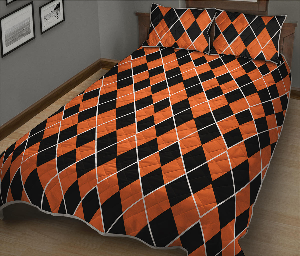 Orange And Black Halloween Argyle Print Quilt Bed Set