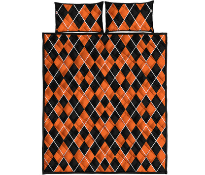 Orange And Black Halloween Argyle Print Quilt Bed Set