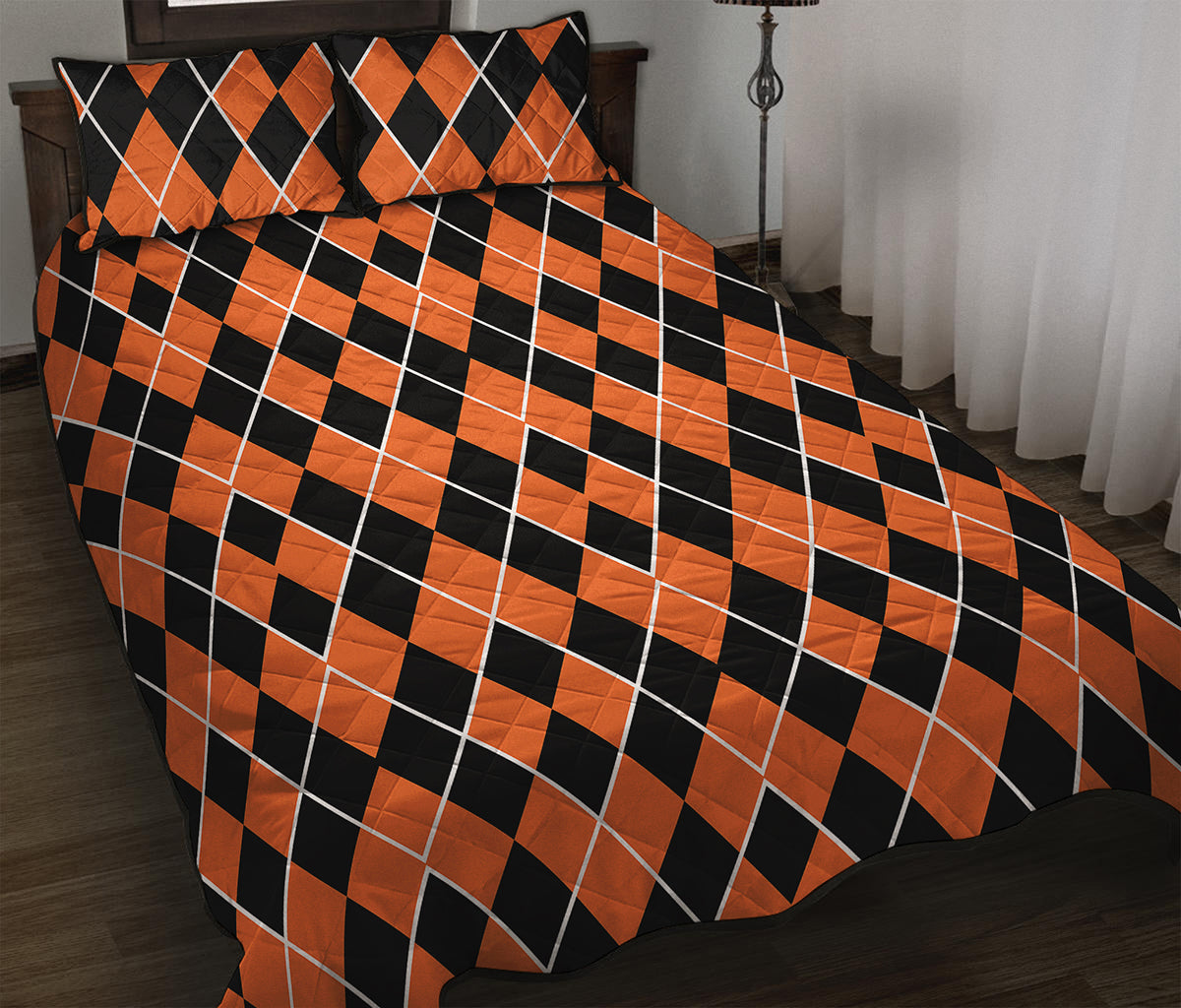 Orange And Black Halloween Argyle Print Quilt Bed Set