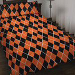 Orange And Black Halloween Argyle Print Quilt Bed Set