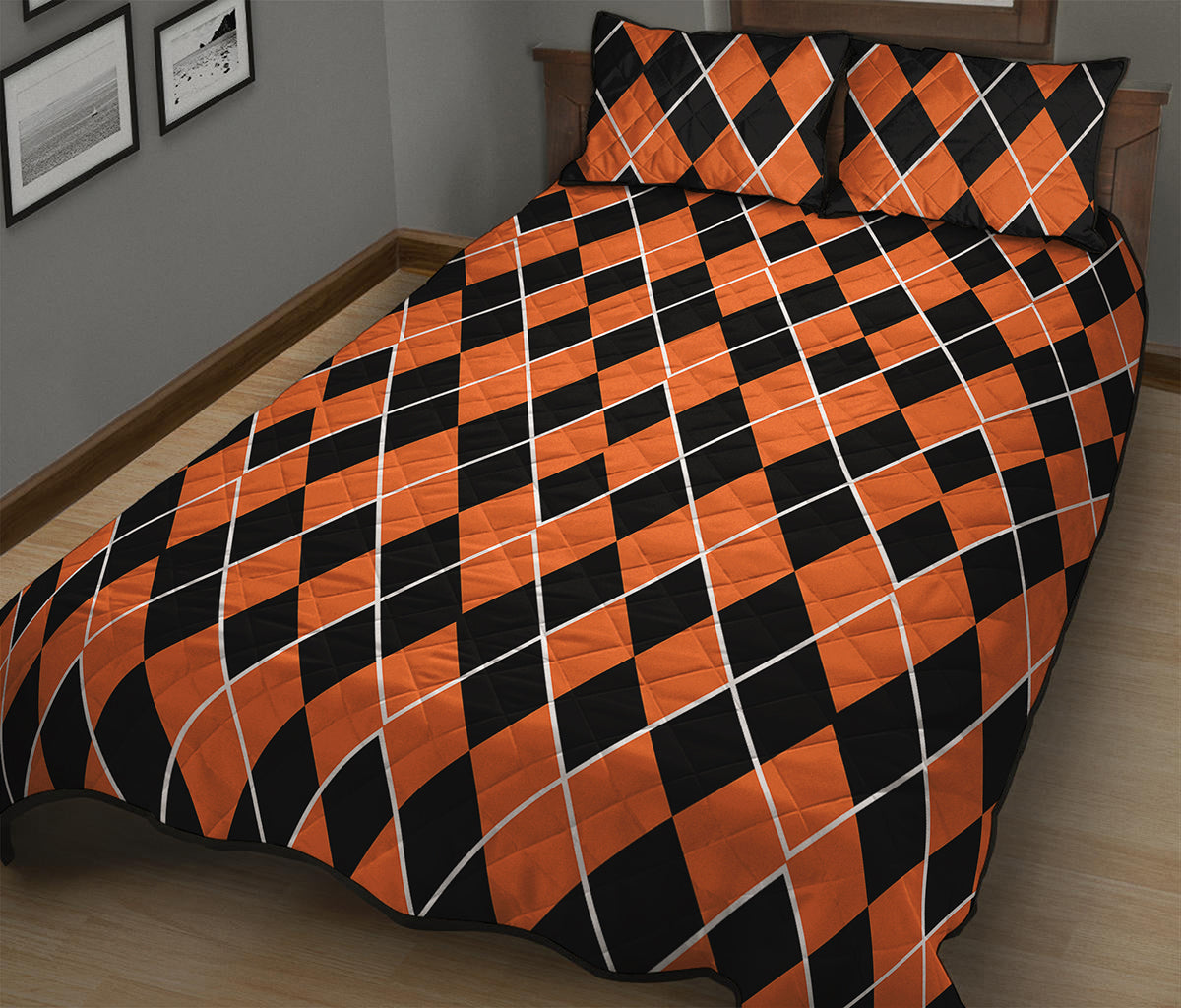 Orange And Black Halloween Argyle Print Quilt Bed Set