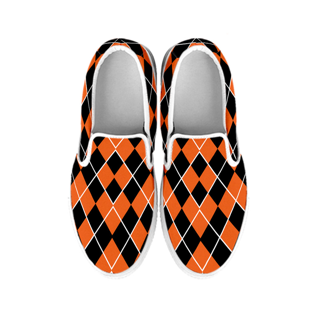 Orange And Black Halloween Argyle Print White Slip On Shoes
