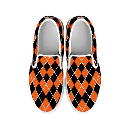 Orange And Black Halloween Argyle Print White Slip On Shoes