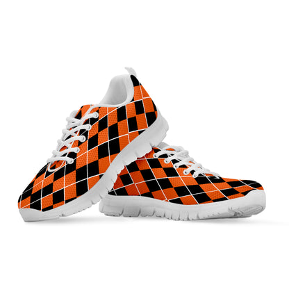 Orange And Black Halloween Argyle Print White Sneakers