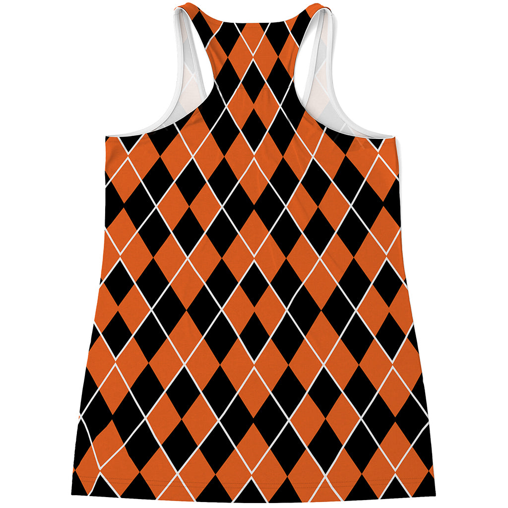 Orange And Black Halloween Argyle Print Women's Racerback Tank Top