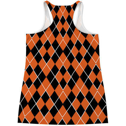 Orange And Black Halloween Argyle Print Women's Racerback Tank Top