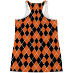 Orange And Black Halloween Argyle Print Women's Racerback Tank Top