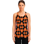 Orange And Black Halloween Argyle Print Women's Racerback Tank Top