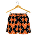 Orange And Black Halloween Argyle Print Women's Shorts