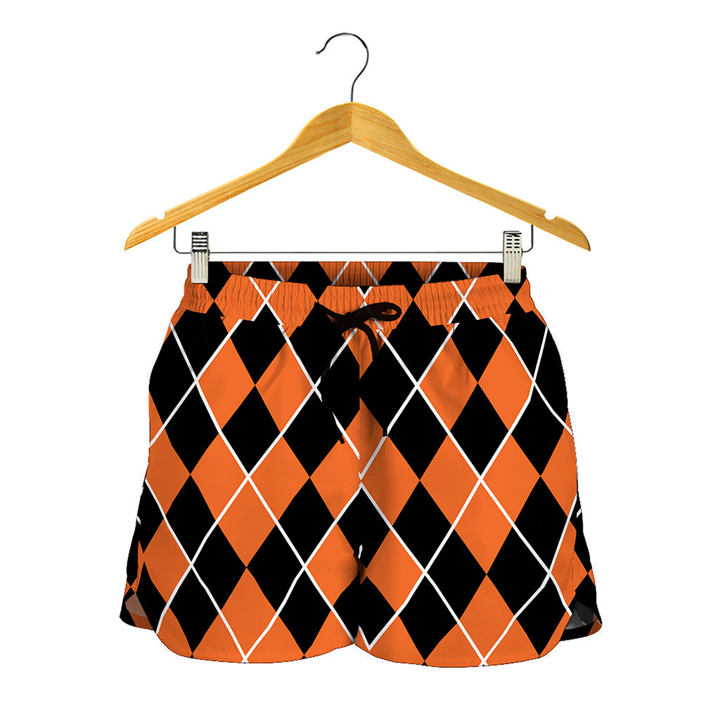 Orange And Black Halloween Argyle Print Women's Shorts