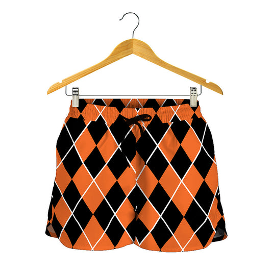 Orange And Black Halloween Argyle Print Women's Shorts