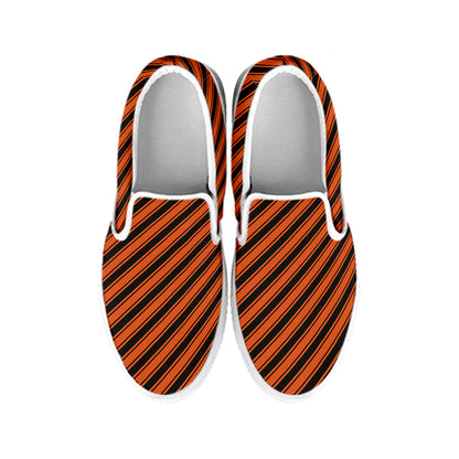 Orange And Black Halloween Pattern Print White Slip On Shoes