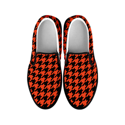 Orange And Black Houndstooth Print Black Slip On Shoes