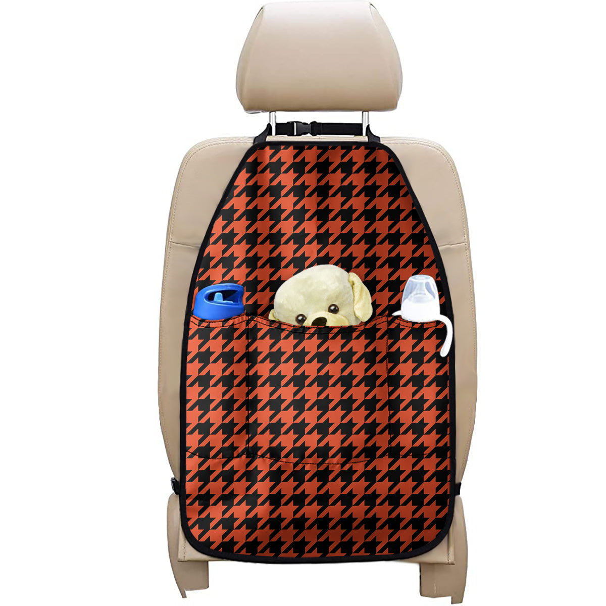 Orange And Black Houndstooth Print Car Seat Organizers