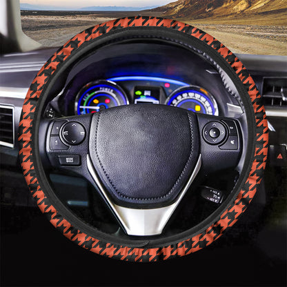 Orange And Black Houndstooth Print Car Steering Wheel Cover