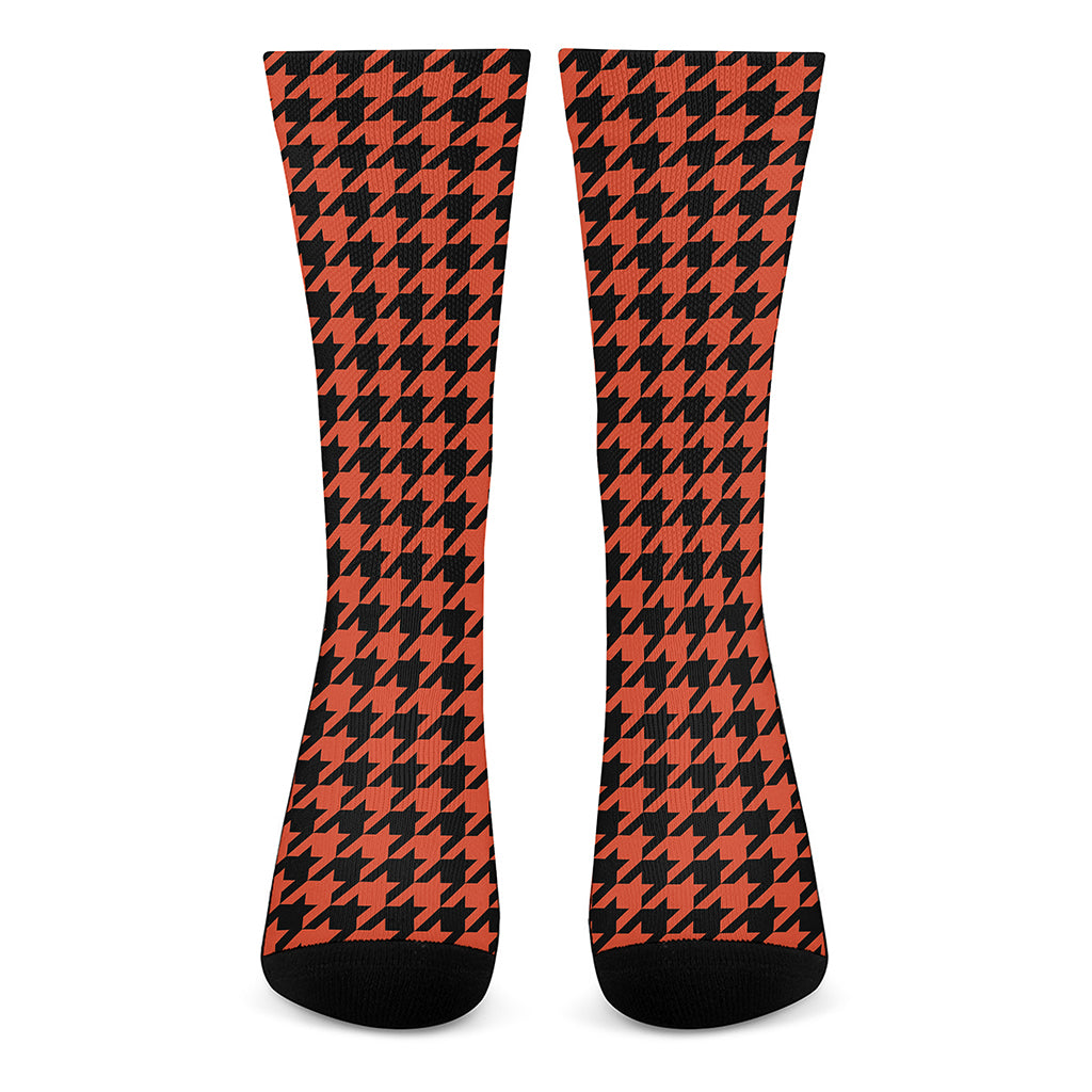 Orange And Black Houndstooth Print Crew Socks