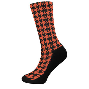 Orange And Black Houndstooth Print Crew Socks