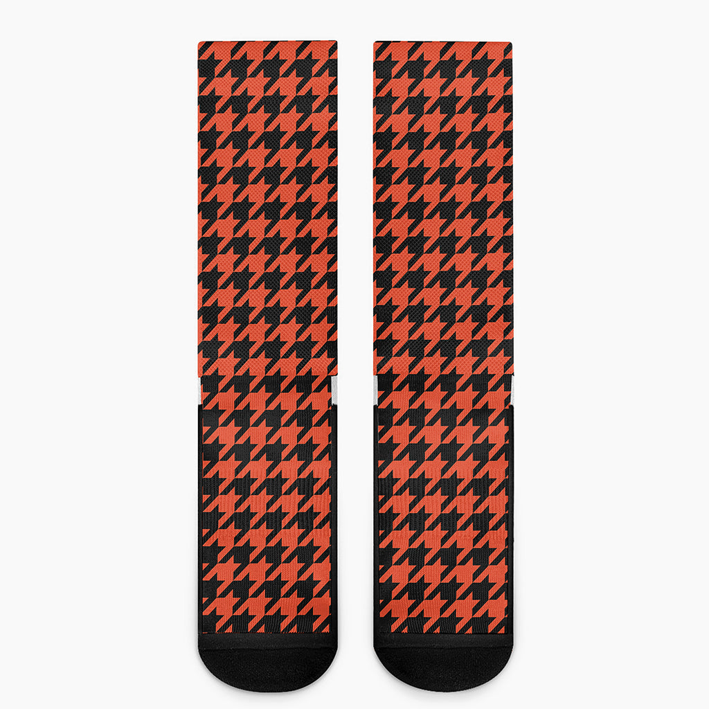 Orange And Black Houndstooth Print Crew Socks