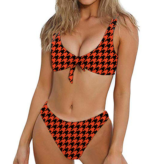 Orange And Black Houndstooth Print Front Bow Tie Bikini