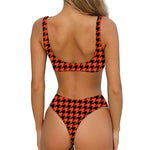 Orange And Black Houndstooth Print Front Bow Tie Bikini