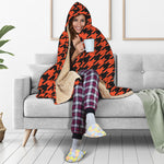 Orange And Black Houndstooth Print Hooded Blanket