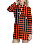 Orange And Black Houndstooth Print Hoodie Dress