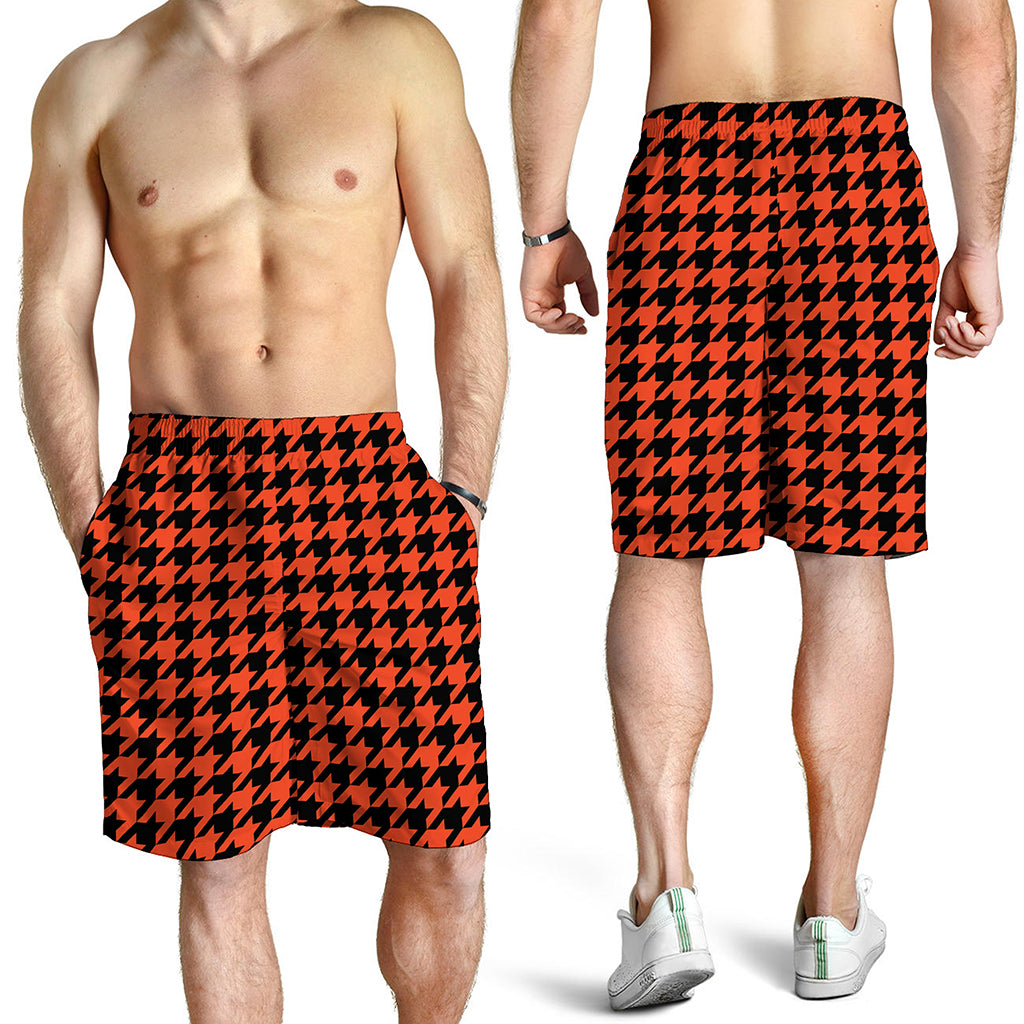 Orange And Black Houndstooth Print Men's Shorts