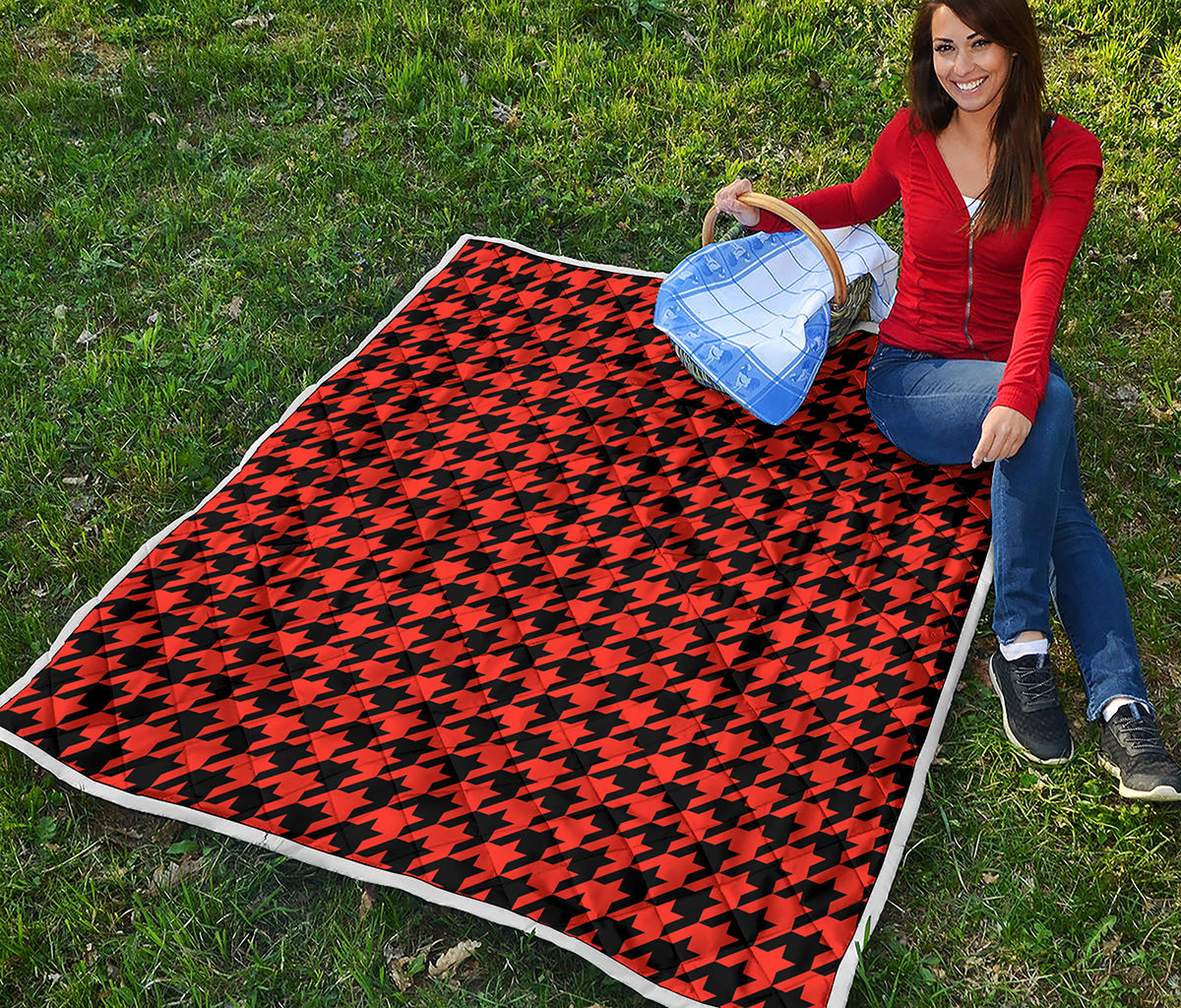 Orange And Black Houndstooth Print Quilt