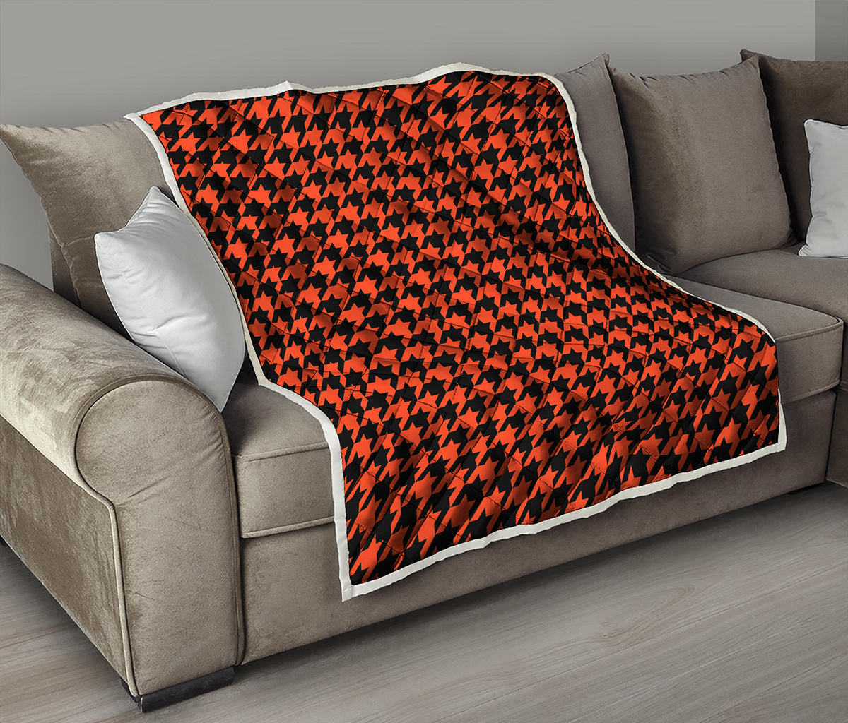 Orange And Black Houndstooth Print Quilt