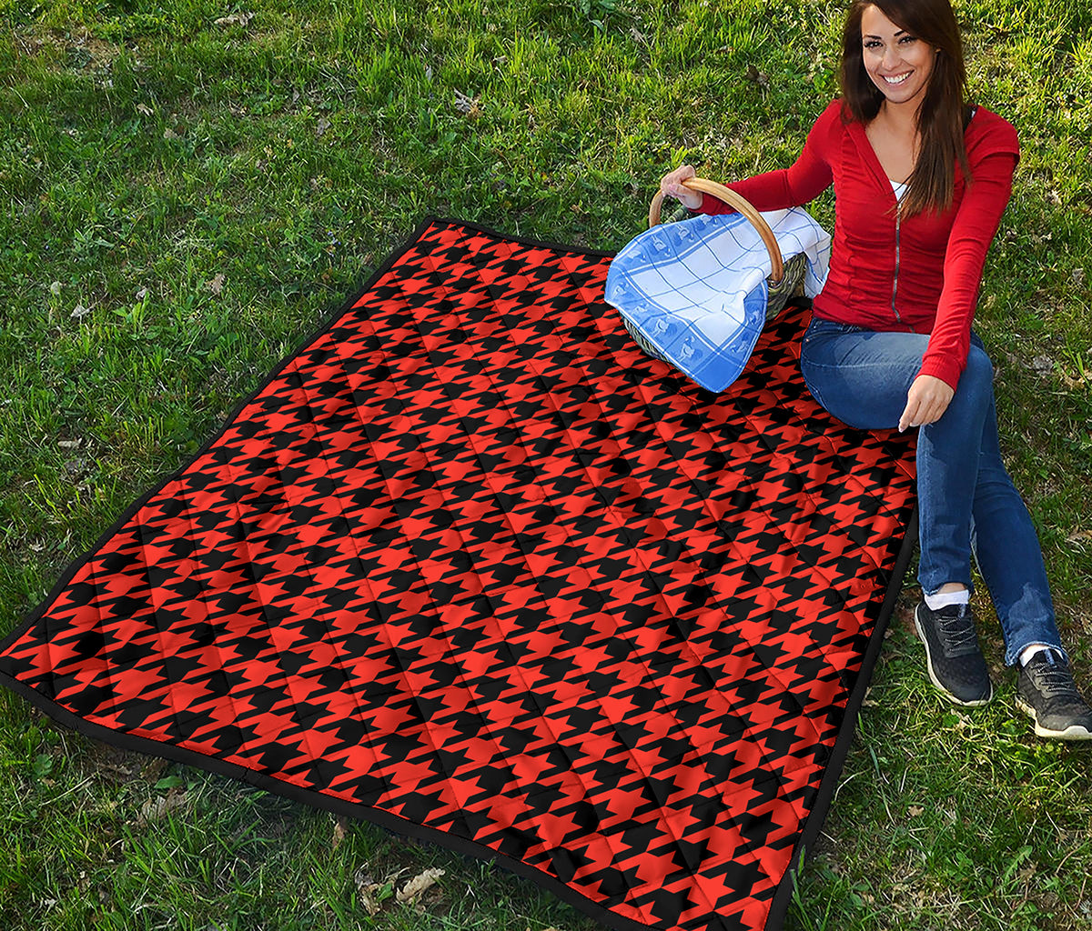 Orange And Black Houndstooth Print Quilt