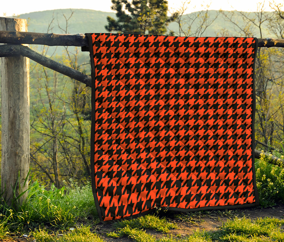 Orange And Black Houndstooth Print Quilt