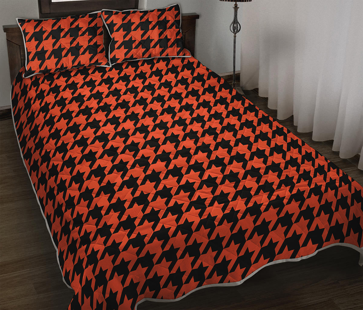 Orange And Black Houndstooth Print Quilt Bed Set