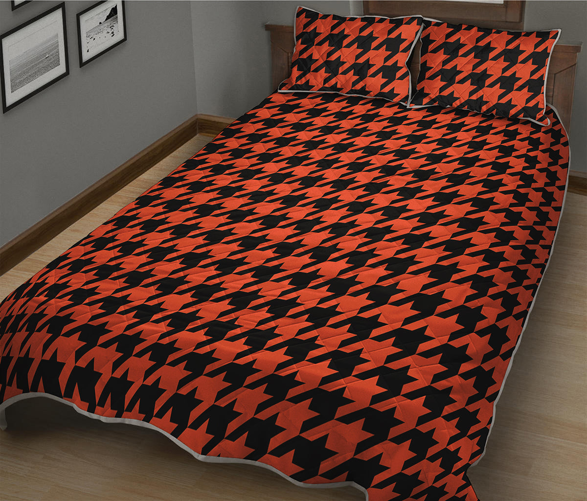 Orange And Black Houndstooth Print Quilt Bed Set