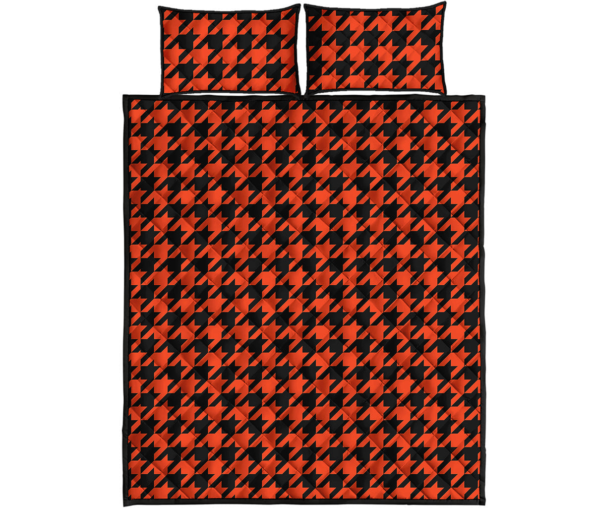 Orange And Black Houndstooth Print Quilt Bed Set