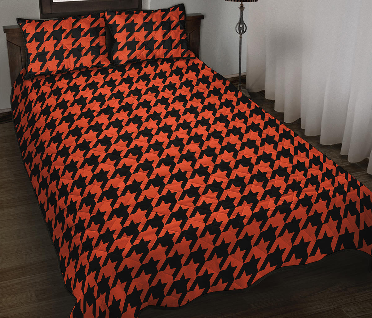 Orange And Black Houndstooth Print Quilt Bed Set