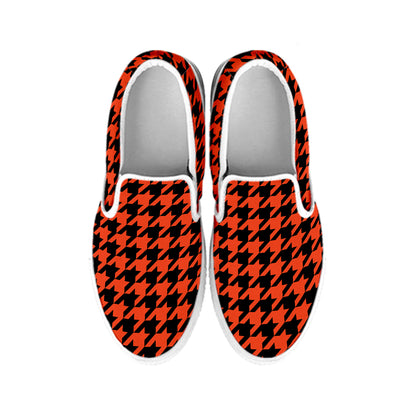 Orange And Black Houndstooth Print White Slip On Shoes