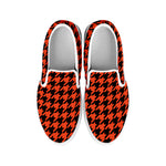 Orange And Black Houndstooth Print White Slip On Shoes
