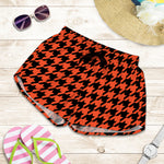 Orange And Black Houndstooth Print Women's Shorts
