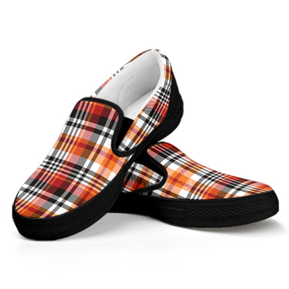 Orange And Black Madras Plaid Print Black Slip On Shoes