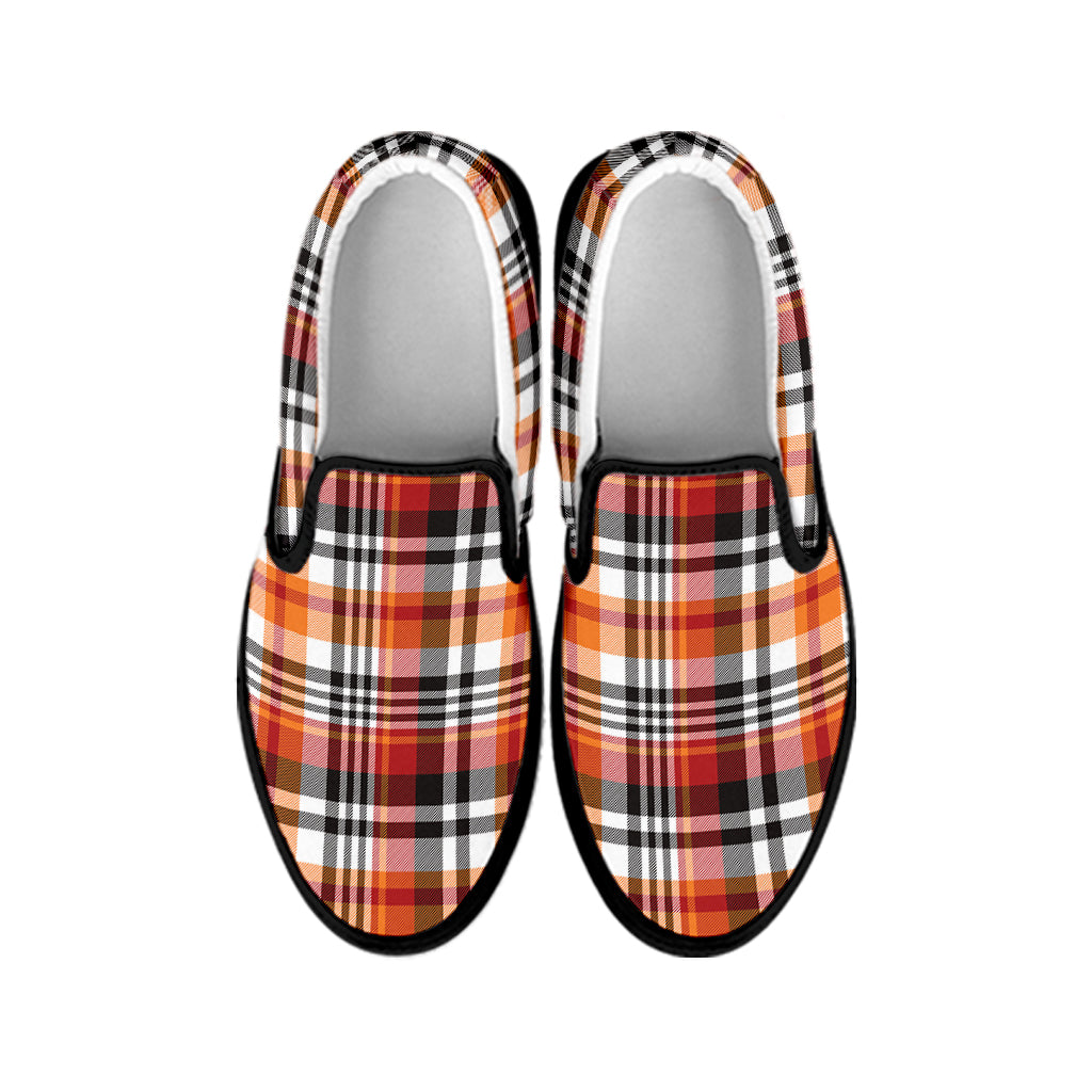 Orange And Black Madras Plaid Print Black Slip On Shoes