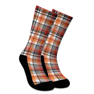 Orange And Black Madras Plaid Print Crew Socks