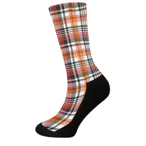 Orange And Black Madras Plaid Print Crew Socks