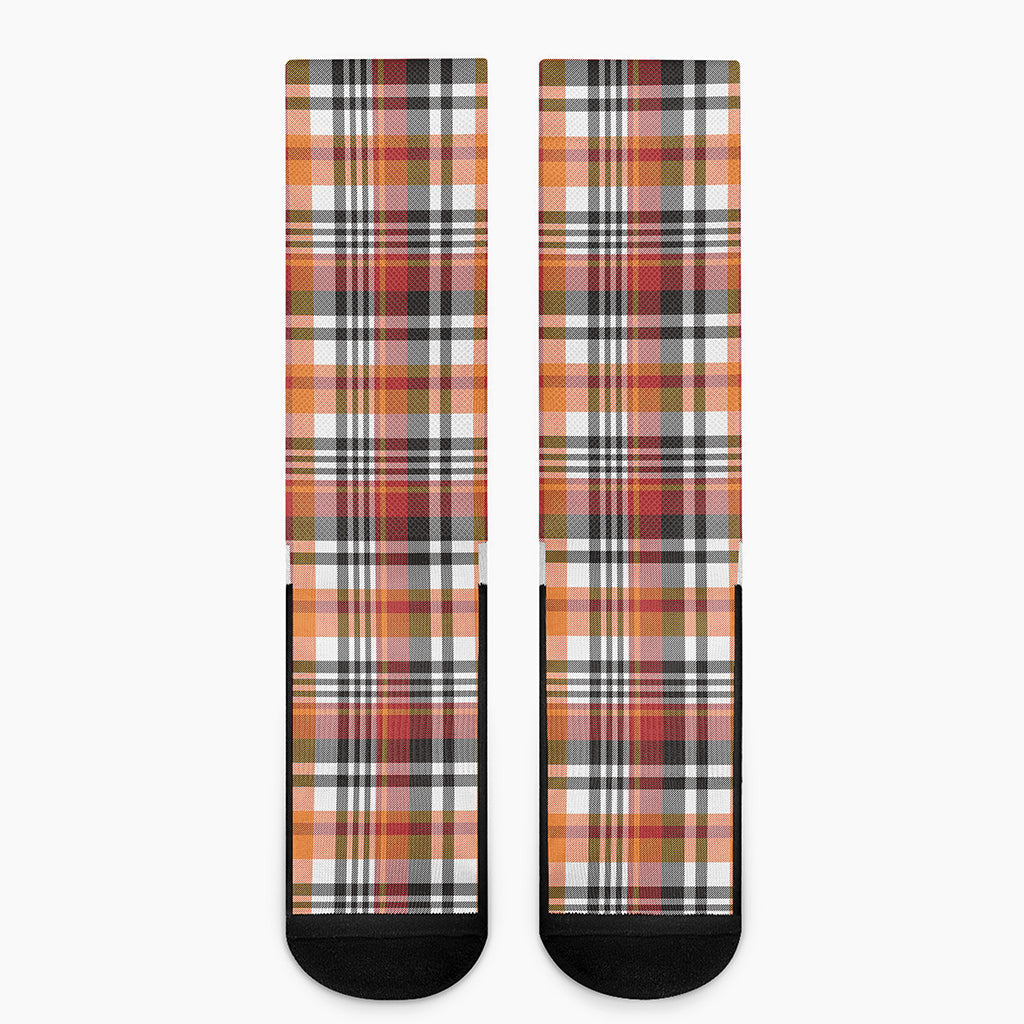 Orange And Black Madras Plaid Print Crew Socks