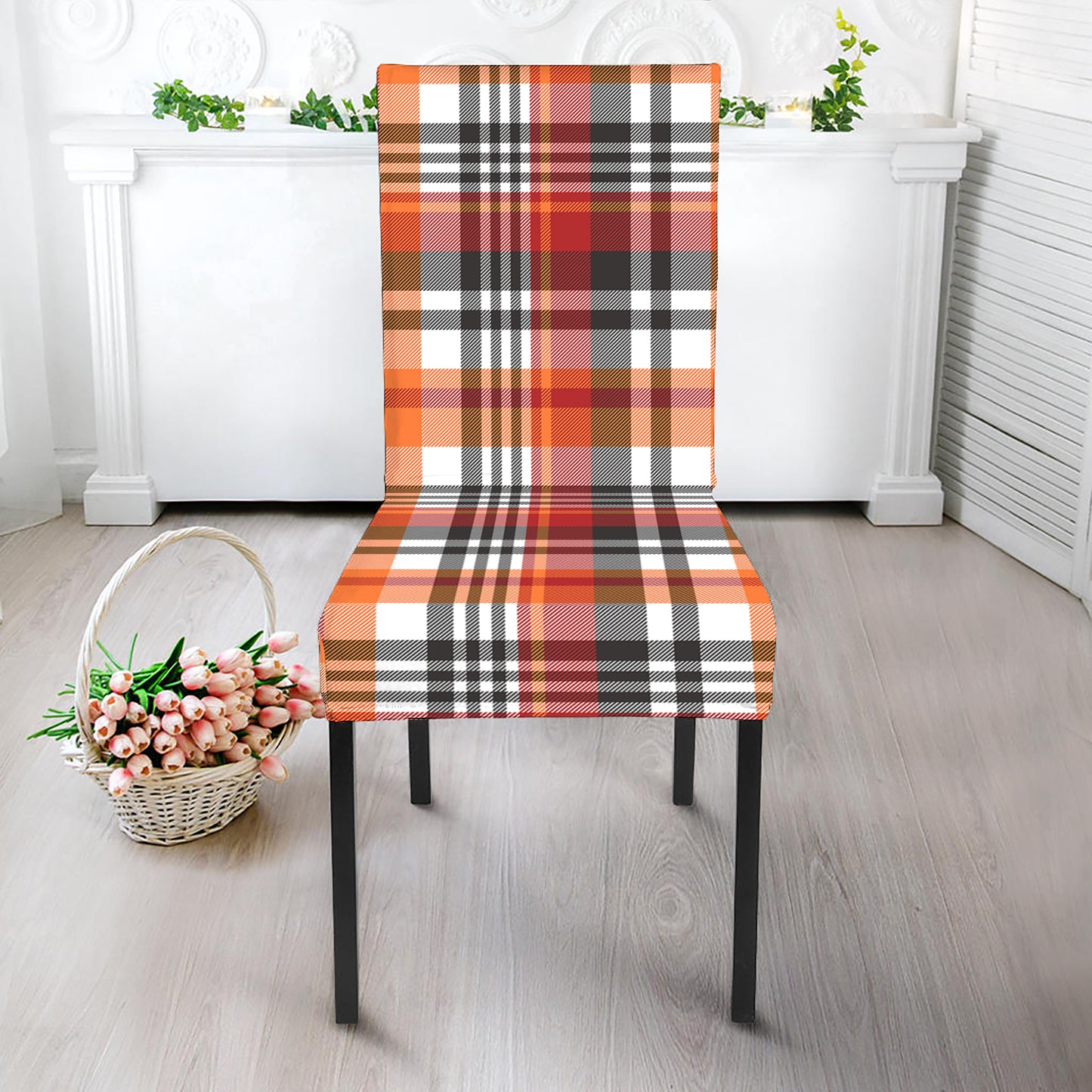 Orange And Black Madras Plaid Print Dining Chair Slipcover