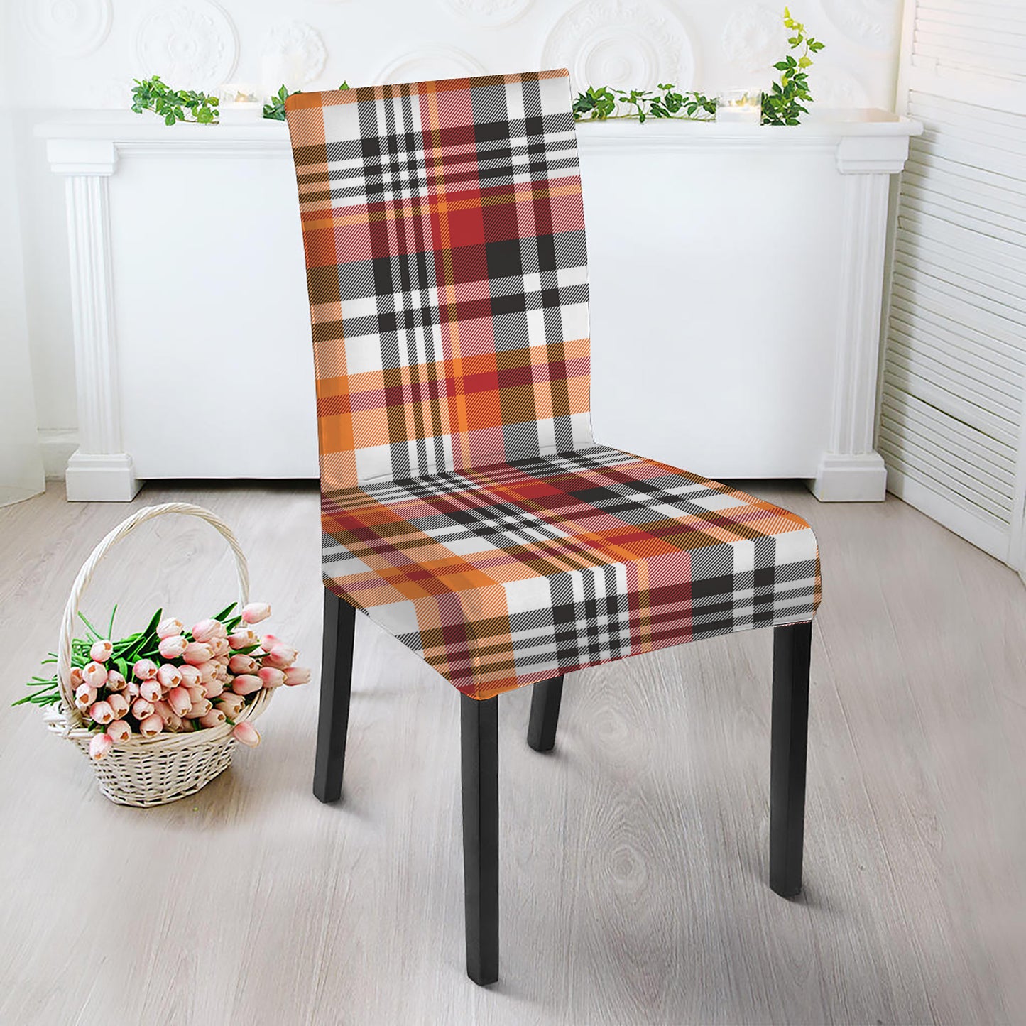 Orange And Black Madras Plaid Print Dining Chair Slipcover