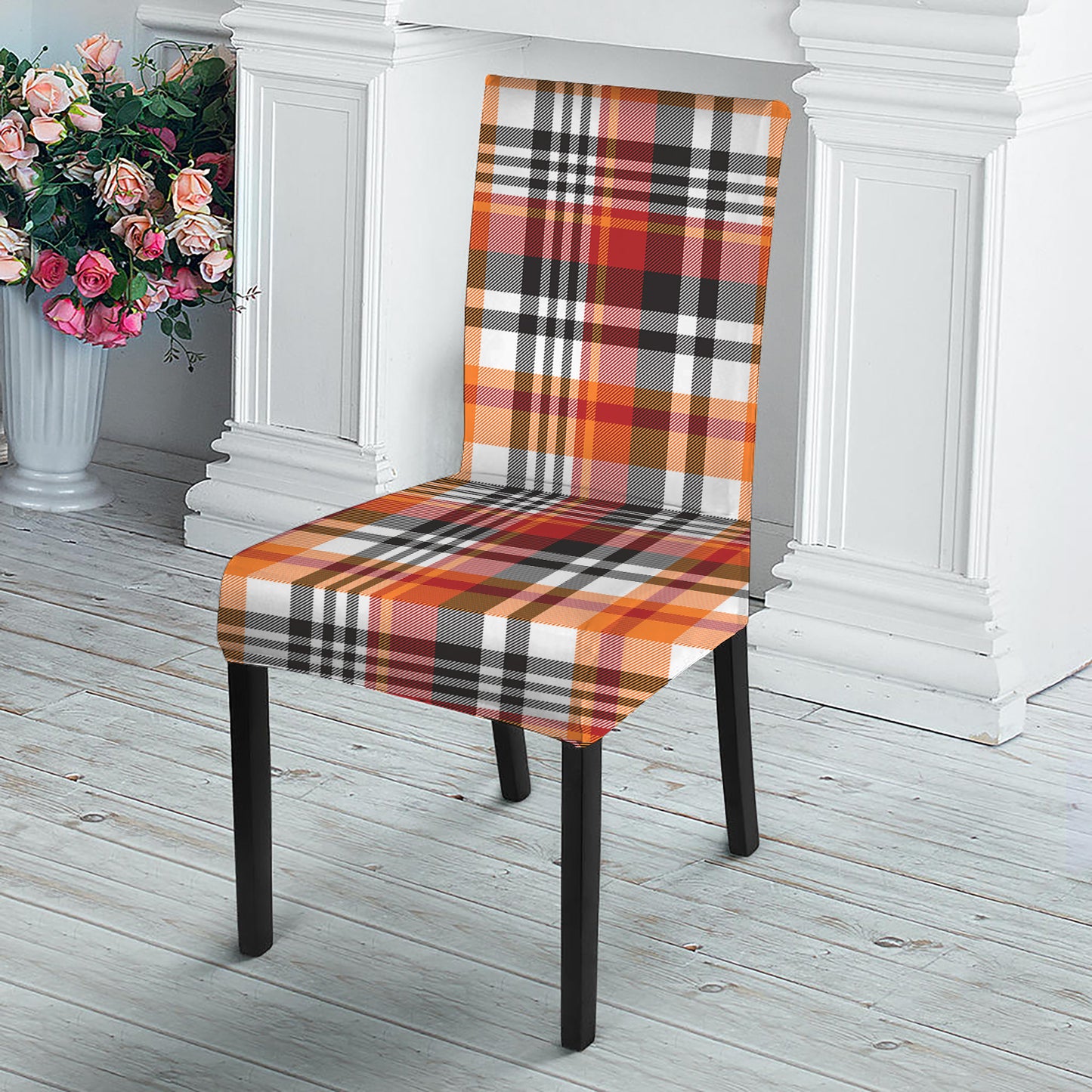 Orange And Black Madras Plaid Print Dining Chair Slipcover