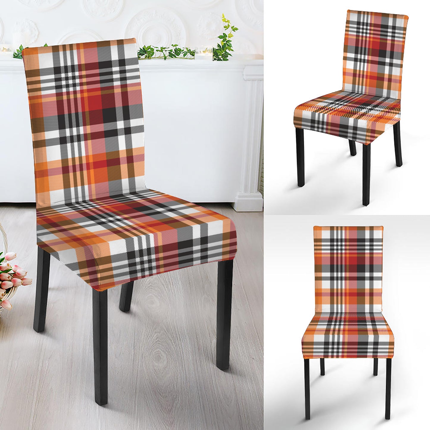 Orange And Black Madras Plaid Print Dining Chair Slipcover