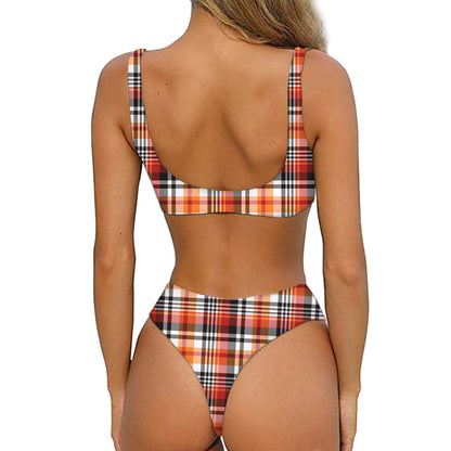 Orange And Black Madras Plaid Print Front Bow Tie Bikini