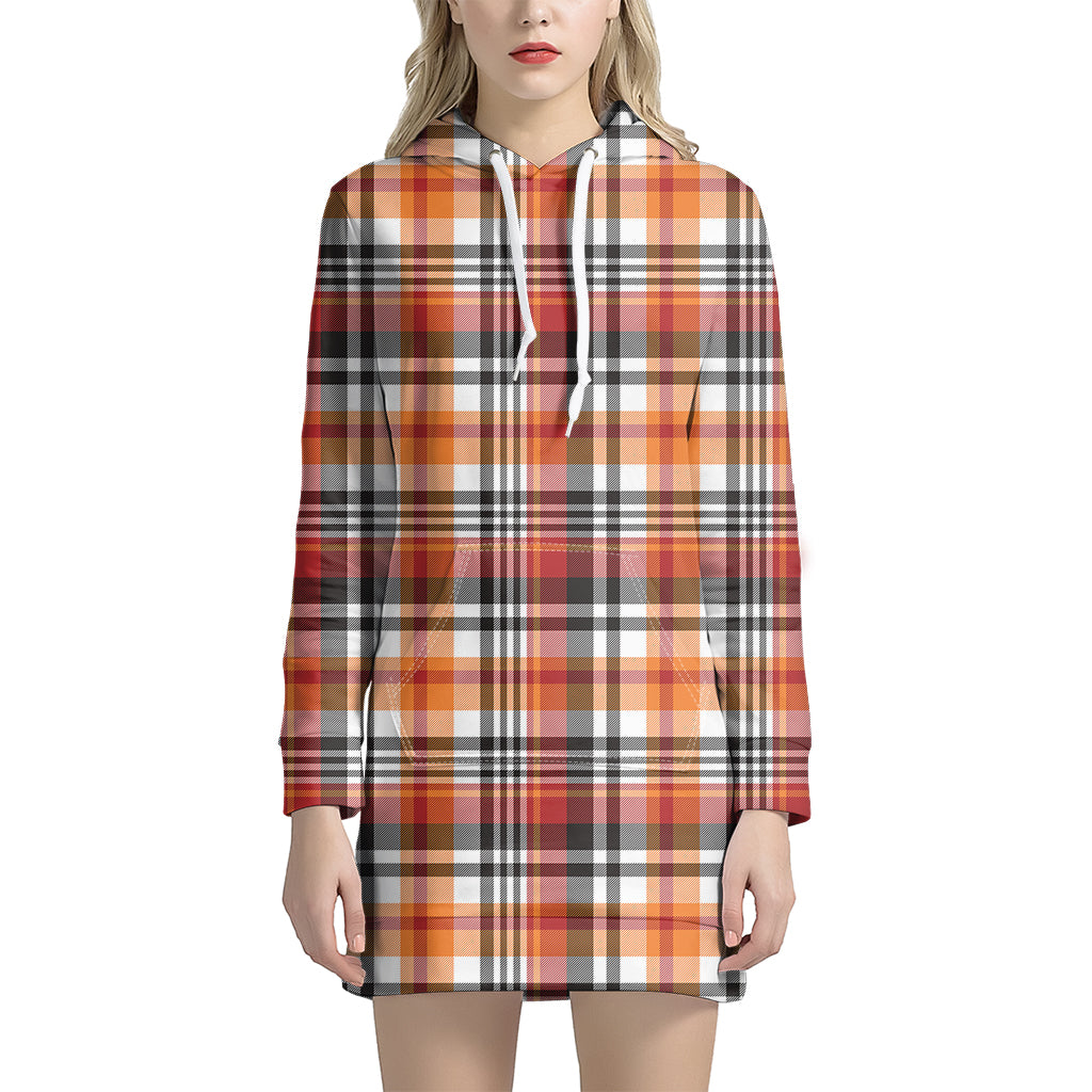 Orange And Black Madras Plaid Print Hoodie Dress