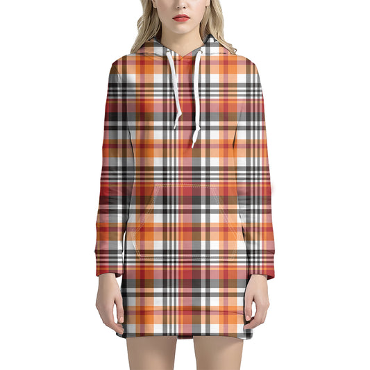 Orange And Black Madras Plaid Print Hoodie Dress